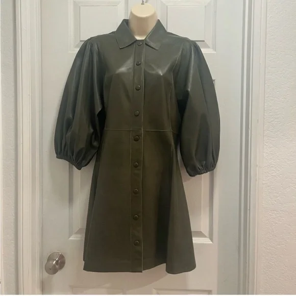 GANNI Leather Olive Green Meranti Puffed
Sleeve Dress Goddess - Size 38 EU/ 8 US - Picture 4 of 14